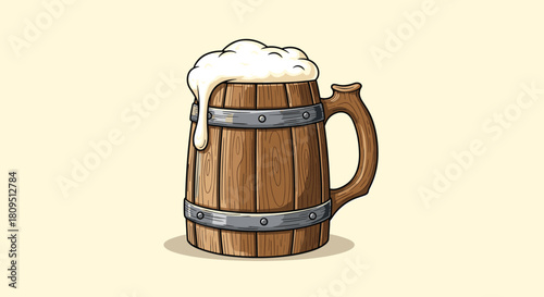 Highly detailed vintage wooden beer mug with metal bands and overflowing foam in a classic hand-drawn illustration style.