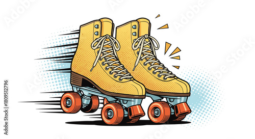 Retro yellow roller skates with red wheels moving at high speed in a dynamic pop art comic book illustration style.