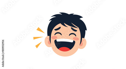 Cartoon face of a boy with black hair laughing out loud with his eyes closed conveying pure joy and happiness.