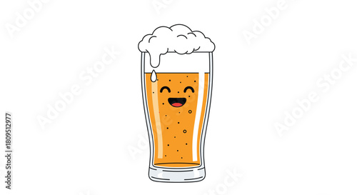 Adorable kawaii beer glass character with a happy smiling face and bubbles filled with frothy light beer for a party.