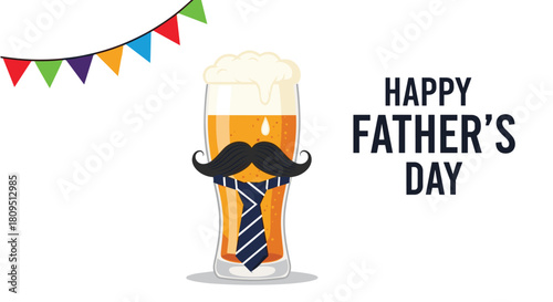 Happy Father's Day greeting card with a beer glass character wearing a mustache and tie under a colorful party banner.