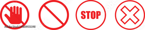 Red Stop and No Entry Symbols. Driving warning signs. Prohibition Road Sign Set. Vehicle warning icons. Traffic restriction symbol

