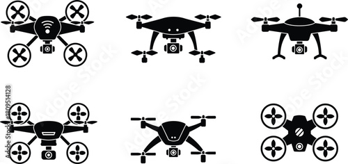 Drone silhouettes, quadcopter icons, aerial photography, UAV technology, unmanned aircraft, drone camera, flying device, surveillance drone, drone design, aviation illustration