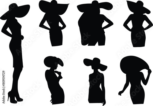Elegant women silhouette set, fashion illustration, wide brim hat style, dress design, vector art, stylish poses, stock design, cultural artwork