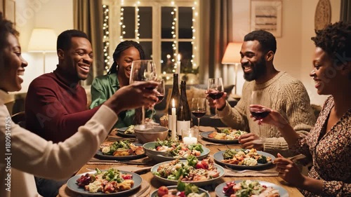 A group of cheerful African American friends enjoys a festive dinner. The warm, candlelit scene evokes joy and togetherness, ideal for holiday or celebration-themed projects.