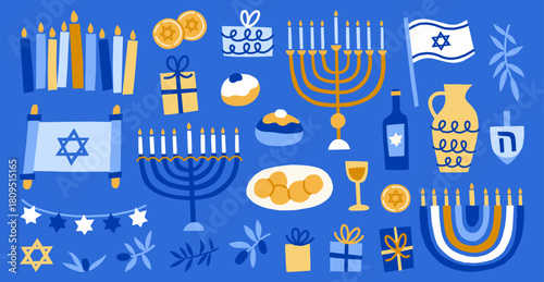 Hanukkah modern vector illustrations set. Jewish holidays clipart. Menorah, candles, oil, olives, latkes, challah, dreidel, donuts, sufganiot, dove, coins, gifts, vine, star of David