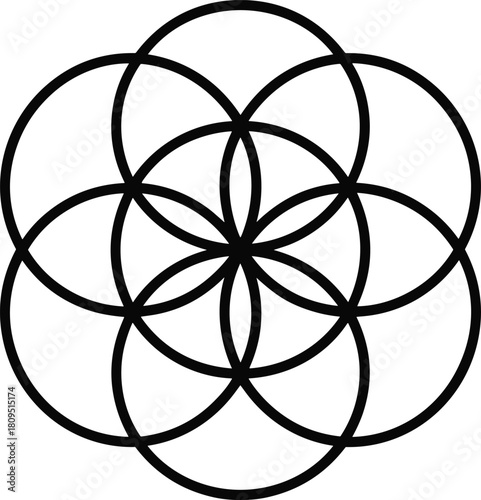 Black seed of life geometric pattern on white background