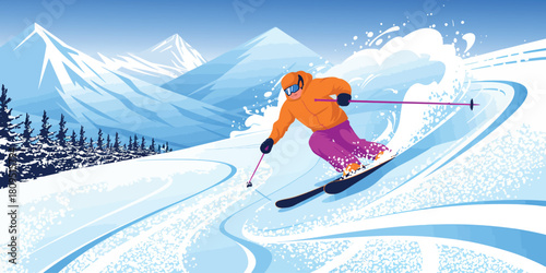 Winter landscape with skier on slope forest and mountains handmade vector illustration