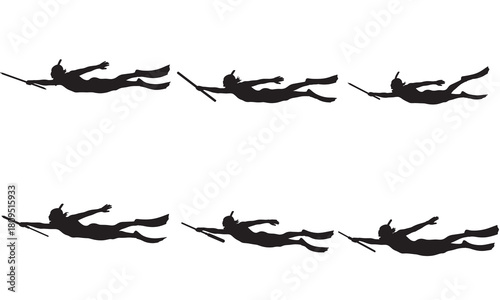 Dynamic sequence of skydiver silhouettes in mid air against a white background silhouette
