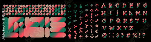 Modern, abstract font with rounded geometric shapes in pink and green gradients on a black background. Set of bento grid layouts and digital typography. Big vector elements collection.
