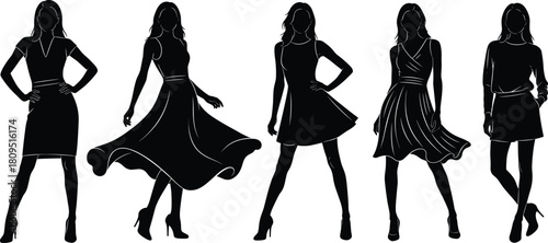 Fashion silhouettes, women dresses, stylish outfits, elegant clothing, high heels, modern apparel, feminine style, trendy design, runway fashion, chic illustration, vector art