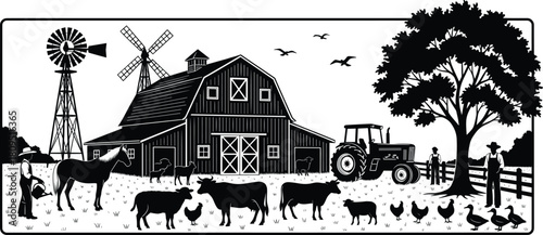 Farm scene silhouettes, barn, tractor, windmill, farm animals, cows, sheep, pigs, chickens, ducks, farmers, agriculture, rural life, countryside, vector illustration