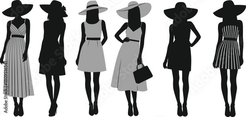 Fashion women silhouettes, stylish dresses illustration, wide brim hats, elegant outfit design, modern clothing vector, runway style concept, accessories artwork