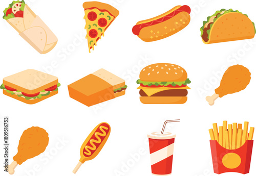 Fast food illustration, burger vector, pizza slice design, hot dog artwork, taco drawing, sandwich icon, fried chicken, French fries, soda, cheese