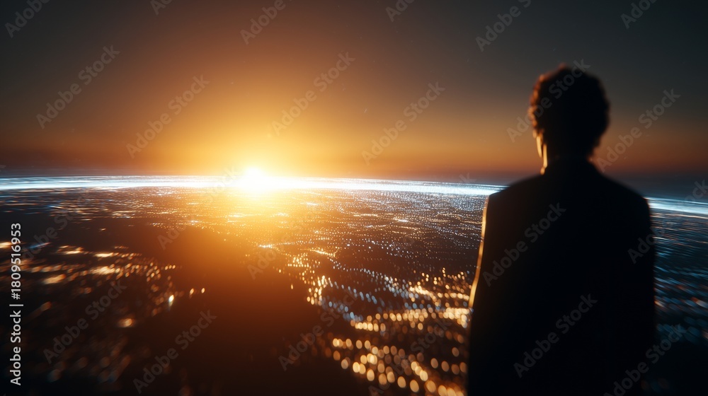 Fototapeta premium A man stands in silhouette against the breathtaking view of a sunset over a vibrant cityscape, illuminated by thousands of sparkling lights. The man gazes at the vast horizon, wher