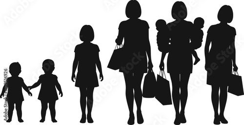 Female life stages silhouette, toddler girl, teenager, young woman, adult mother, older woman, growth, evolution, shopping, motherhood, aging, lifestyle, family, childhood, maturity,