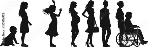 Female life stages silhouette, baby, child, girl, pregnant woman, adult, middle age, elderly, aging, growth, development, generation, family, motherhood, lifestyle, people, timeline, evolution