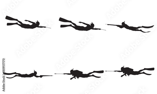 Multiple silhouettes of scuba divers in motion showing different swimming poses silhouette