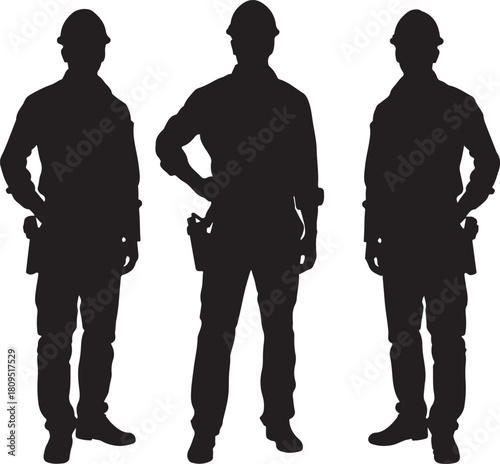 Three Black Silhouette Construction Workers Standing with Hands on Hips and Tool Belts on White Background Keywords: construction, worker, silhouette, standing, group, industrial, professional