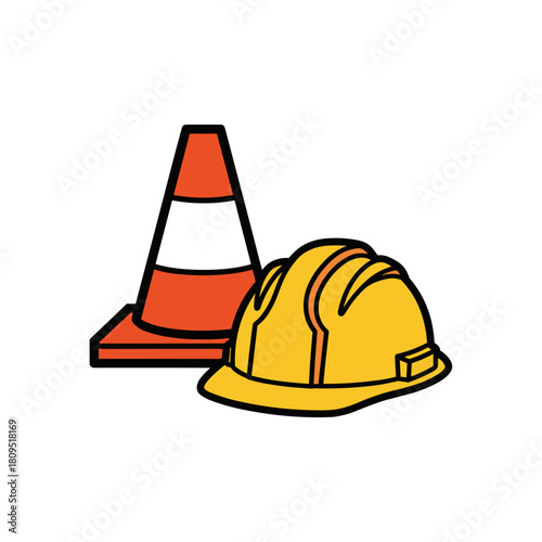 Construction safety equipment illustration, hard hat and traffic cone for workplace safety and hazard prevention