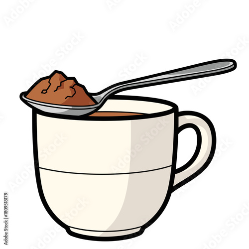 Spoon with cocoa powder over coffee cup, beverage preparation and ingredient use in kitchen
