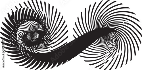 Two Black Silhouette Swirling Spiral Designs with Optical Illusion Effect on White Background vortex