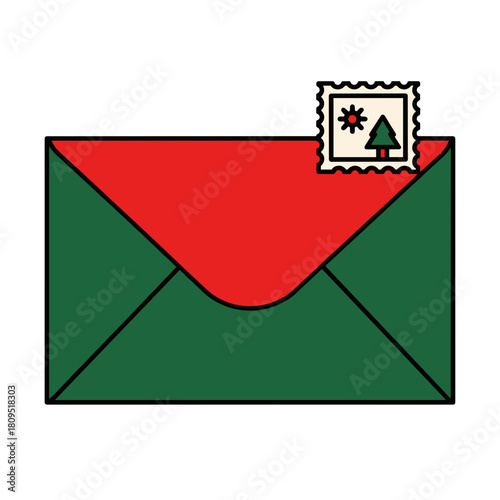 Christmas envelope with festive stamp, holiday mailing and seasonal greetings