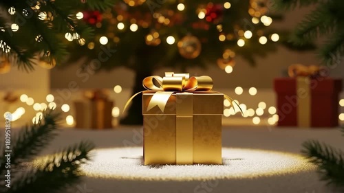 Golden gift box under a Christmas tree with glowing lights. Celebration present for holiday season. Christmas gift for advertisement.