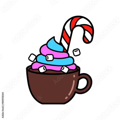 Colorful hot chocolate with candy cane and marshmallows, festive drink and holiday celebration