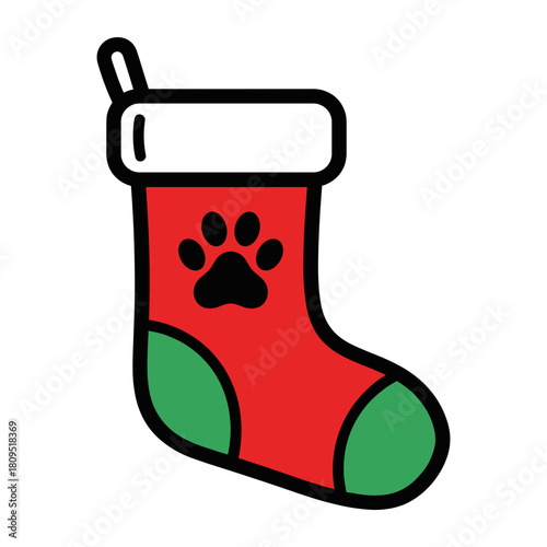 Christmas pet stocking with paw print, holiday decoration and festive pet accessory
