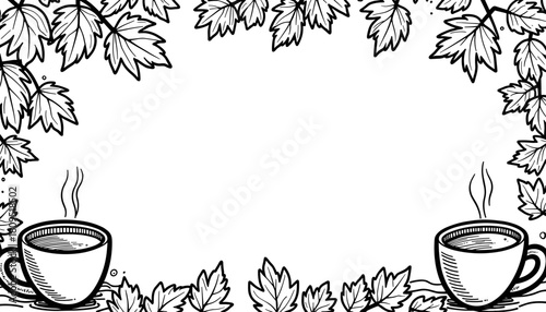 Abstract autumn frame with hot cocoa cups and leaves, children's coloring book design and seasonal creativity