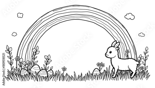 Easter frame with lamb and rainbow garden, children's coloring book and educational activity