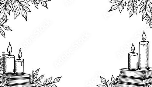 Abstract autumn frame with candles and books, seasonal decoration and kids coloring page