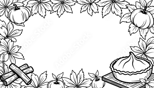 Autumn frame with pie and cinnamon sticks, seasonal decoration and kids coloring activity