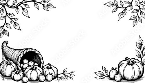 Autumn cornucopia with fruits and pumpkins, seasonal harvest and coloring activity for kids