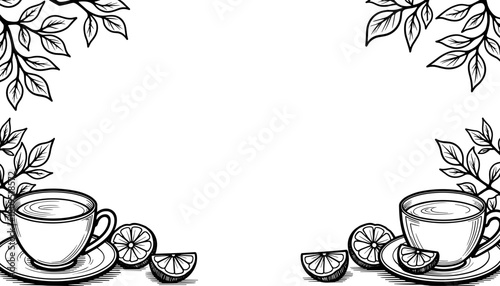 Autumn-themed coloring page with tea cups and lemon slices, seasonal activity and kid-friendly art