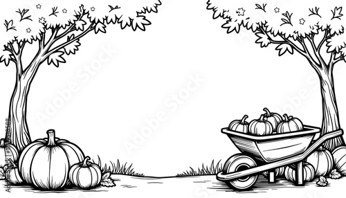 Autumn frame with wheelbarrow and pumpkins in black and white, children's coloring book design and seasonal decoration