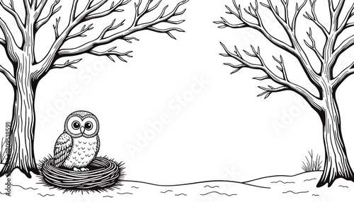 Owl in nest on snowy tree branch, winter nature and children's coloring activity