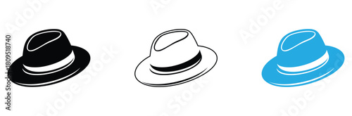 Classic fedora hat icons, black, outline, and blue create a timeless style statement, perfect for fashion blogs, vintage designs, or creative projects