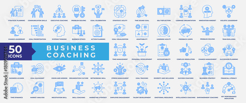 Business coaching icon set, containing communication, skills, executive, solution, training, mentoring, problem solving, adaptability, business acumen and strategy. Simple Blue Vector Illustration.