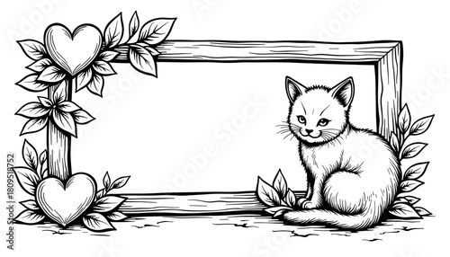 Valentine’s Day frame with kitten curled in gift wrap, cute coloring book illustration for kids