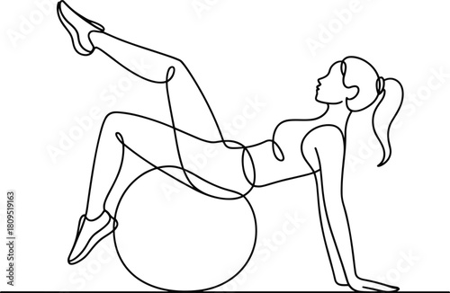 Woman exercising with fitness ball continuous line drawing