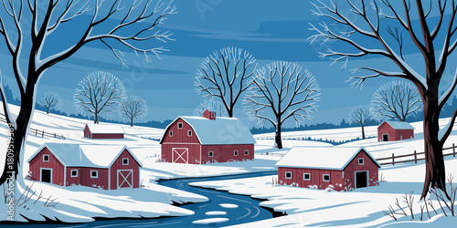 Winter seasonal landscape with snowy trees farmhouses fields and hillside forest vector illustration