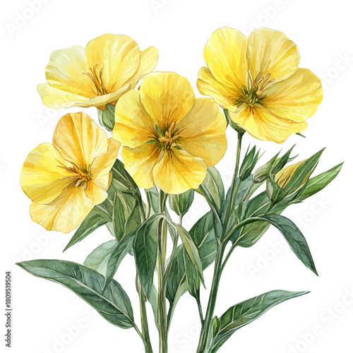 Evening Primrose Flower, watercolor drawing vector, isolated on a white background.
