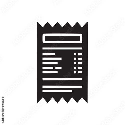 A simplistic black and white graphic of a receipt with jagged edges on a white background shown isolated