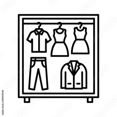 Clothing rack with various garments, fashion wardrobe icon