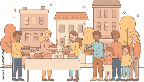 Community food drive with people donating and receiving food in a neighborhood setting.