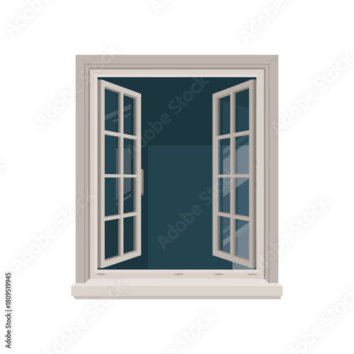 An open window with a view into the dark night.