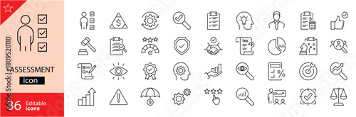 Assessment icons set. Includes symbols of checklists, evaluation forms, ratings, tests, reports, and performance reviews. Editable stroke. Vector illustration. Outline icons. Perfect for education.
