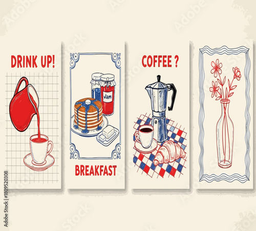 Illustration of set of four vintage breakfast and coffee stamps with drink up, breakfast, coffee and flowers isolated on white background